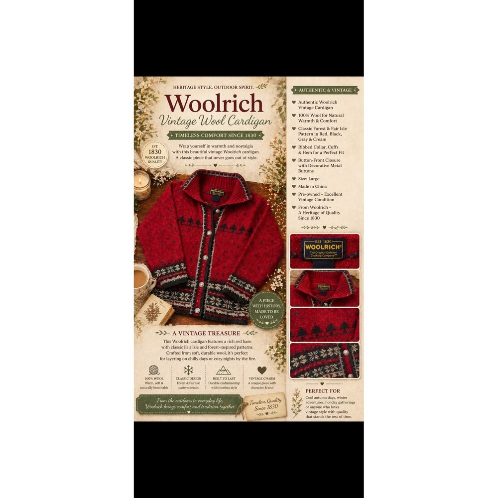 Woolrich Cardigan Sweater Red Noel Christmas 100% Lambswool Fair Isle Lg Cottage
